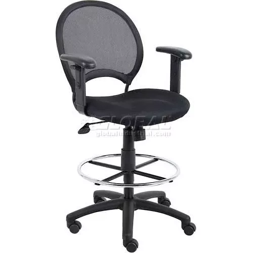 Boss Mesh Drafting Stool with Adjustable Armrest - Fabric - Black