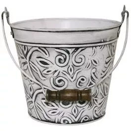 Floral Metal Planter With Handle, Rustic White, 8-In.