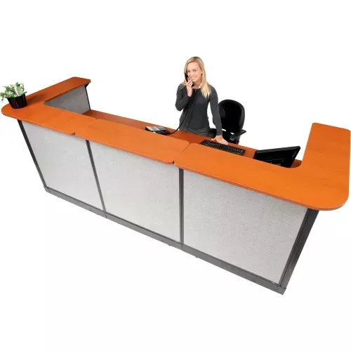 interion-u-shaped-reception-station-w-raceway-124-w-x-44-d-x-46-h-cherry-counter Interion U-Shaped Reception Station w/Raceway 124"W x 44"D x 46"H Cherry Counter Blue Panel