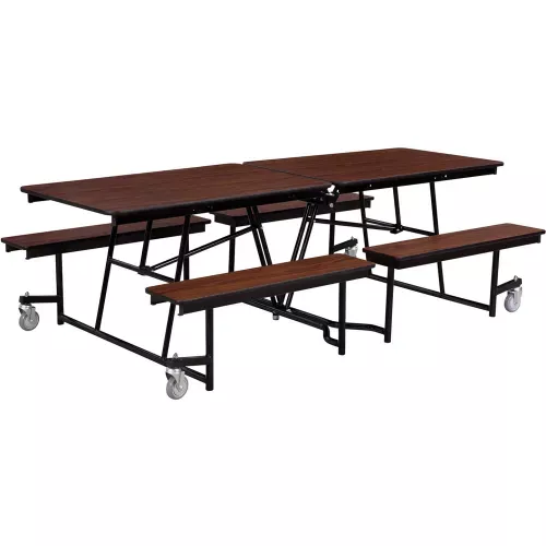 nps-mobile-cafeteria-table-with-fixed-benches-145-l-x-56-w-walnut-top-black-fram NPS Mobile Cafeteria Table With Fixed Benches, 145"L x 56"W, Walnut Top/Black Frame