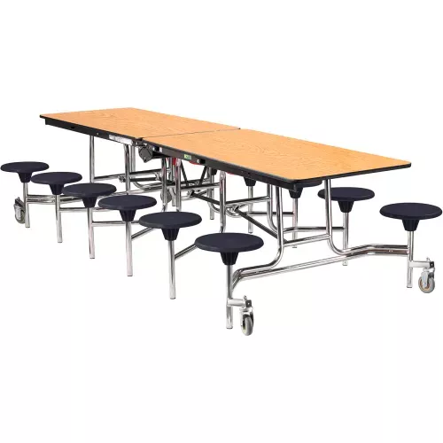 nps-mobile-cafeteria-table-with-stools-121-l-x-59-w-oak-top-black-stools-chrome- NPS Mobile Cafeteria Table With Stools, 121"L x 59"W, Oak Top/Black Stools/Chrome Frame