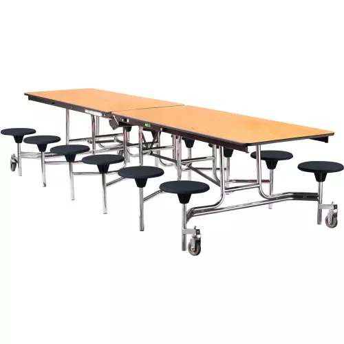 nps-mobile-cafeteria-table-with-stools-145-l-x-59-w-oak-top-black-stools-chrome- NPS Mobile Cafeteria Table With Stools, 145"L x 59"W, Oak Top/Black Stools/Chrome Frame