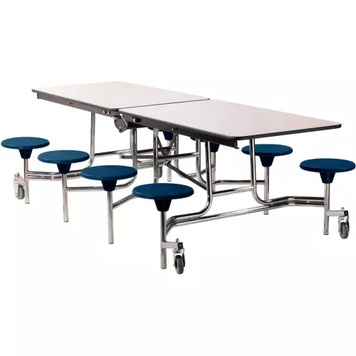 nps-mobile-cafeteria-table-with-stools-97-l-x-59-w-gray-top-blue-stools-chrome-f NPS Mobile Cafeteria Table With Stools, 97"L x 59"W, Gray Top/Blue Stools/Chrome Frame