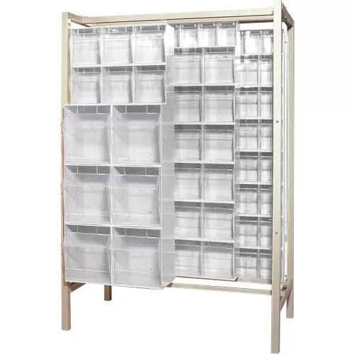 quantum-gondola-free-standing-slider-system-with-101-tip-out-bins-white Quantum Gondola Free Standing Slider System with 101 Tip Out Bins, White