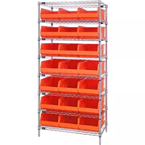 quantum-wr8-425-chrome-wire-shelving-with-21-ssb425-stackable-shelf-bins-orange- Quantum WR8-425 Chrome Wire Shelving with 21 SSB425 Stackable Shelf Bins Orange, 36x12x74
