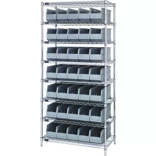 quantum-wr8-441-chrome-wire-shelving-with-35-ssb441-stackable-shelf-bins-gray-36 Quantum WR8-441 Chrome Wire Shelving with 35 SSB441 Stackable Shelf Bins Gray, 36x14x74