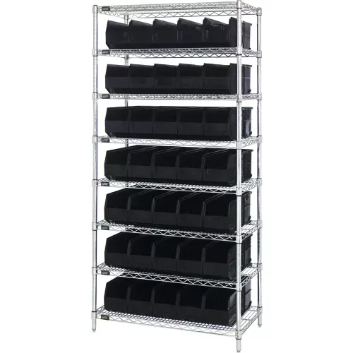quantum-wr8-461-chrome-wire-shelving-with-35-ssb461-stackable-shelf-bins-black-3 Quantum WR8-461 Chrome Wire Shelving with 35 SSB461 Stackable Shelf Bins Black, 36x18x74