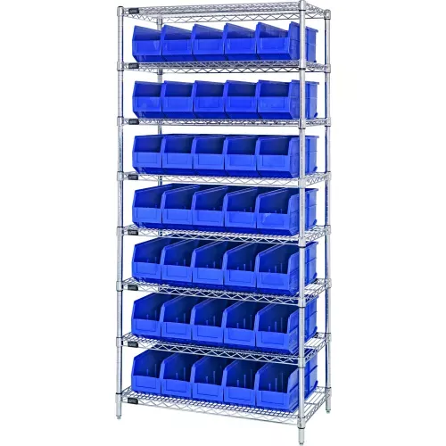 quantum-wr8-461-chrome-wire-shelving-with-35-ssb461-stackable-shelf-bins-blue-36 Quantum WR8-461 Chrome Wire Shelving with 35 SSB461 Stackable Shelf Bins Blue, 36x18x74