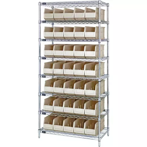 quantum-wr8-461-chrome-wire-shelving-with-35-ssb461-stackable-shelf-bins-ivory-3 Quantum WR8-461 Chrome Wire Shelving with 35 SSB461 Stackable Shelf Bins Ivory, 36x18x74