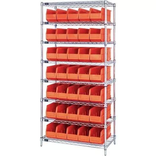 quantum-wr8-461-chrome-wire-shelving-with-35-ssb461-stackable-shelf-bins-orange- Quantum WR8-461 Chrome Wire Shelving with 35 SSB461 Stackable Shelf Bins Orange, 36x18x74