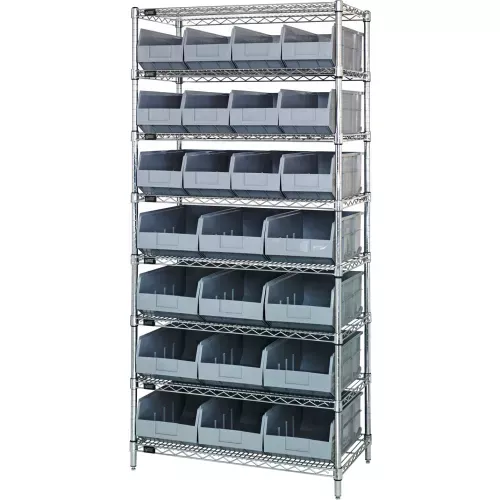 quantum-wr8-483485-chrome-wire-shelving-w-12-ssb483-12-ssb485-stackable-shelf-bi Quantum WR8-483485 Chrome Wire Shelving w/12 SSB483, 12 SSB485 Stackable Shelf Bins Blue, 36x21x74