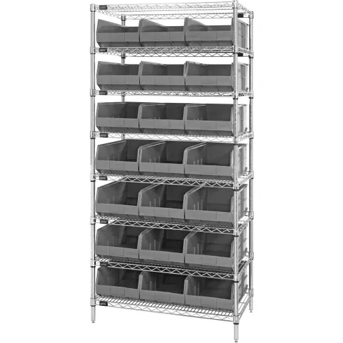 quantum-wr8-485-chrome-wire-shelving-with-21-ssb485-stackable-shelf-bins-gray-36 Quantum WR8-485 Chrome Wire Shelving with 21 SSB485 Stackable Shelf Bins Gray, 36x21x74