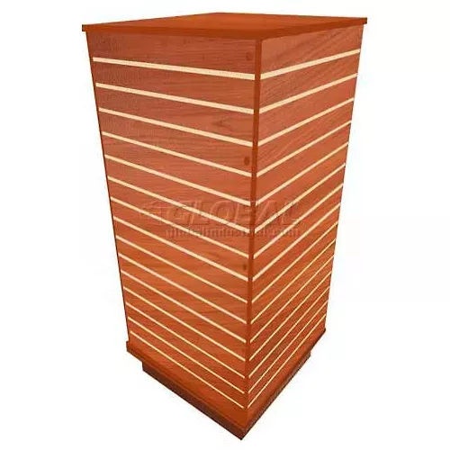 slatwall-cube-display-fixture-cherry-with-spinner-base-casters Slatwall Cube Display Fixture-Cherry with Spinner Base and Casters