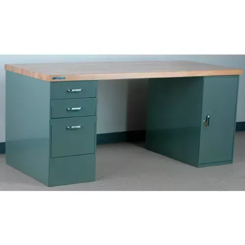 Stackbin Pedestal Workbench, Maple Butcher Block Square Edge, 16"L Drawer, 72"W X 36"D, Gray