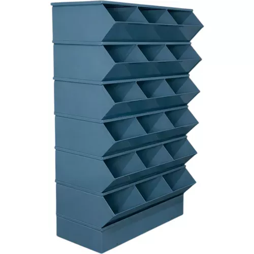 Stackbin Steel Hopper Stack Bin, 18 Compartment Sectional Unit, 37"W x 20"D x 63"H, Blue